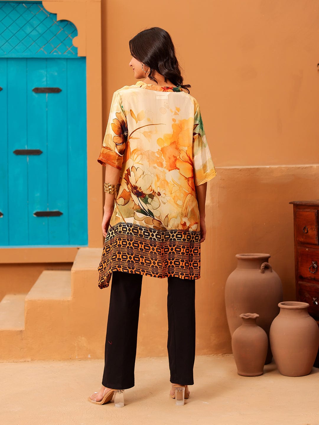 The Kaftan Company Tops Yellow Floral Printed Natural Crepe Tunic Top