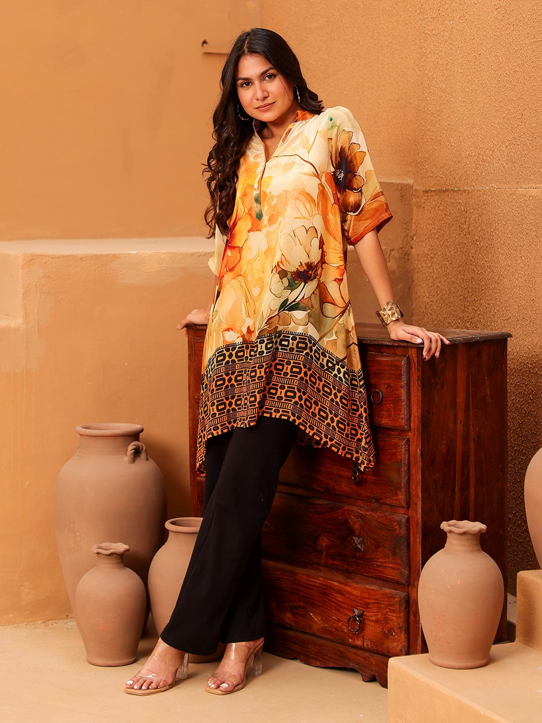 The Kaftan Company Tops Yellow Floral Printed Natural Crepe Tunic Top