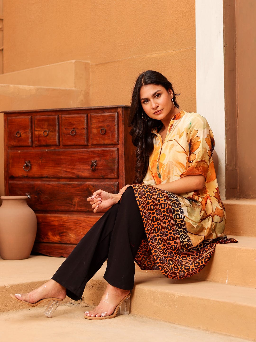 The Kaftan Company Tops Yellow Floral Printed Natural Crepe Tunic Top