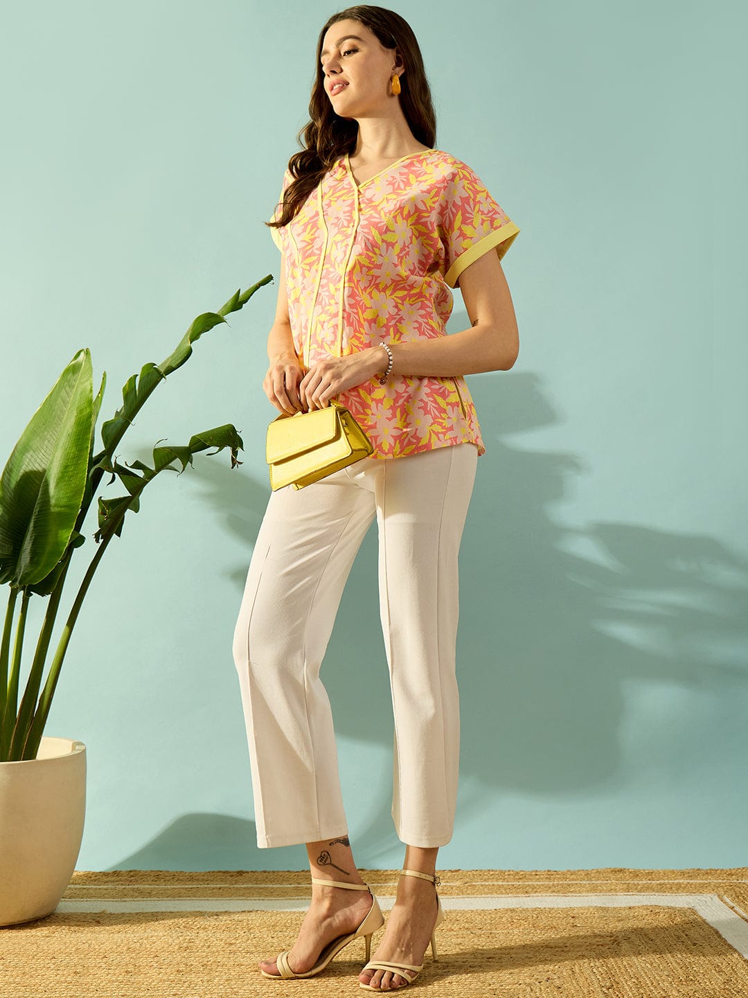 The Kaftan Company Tops Yellow Fuchsia Bloom Day Wear Top