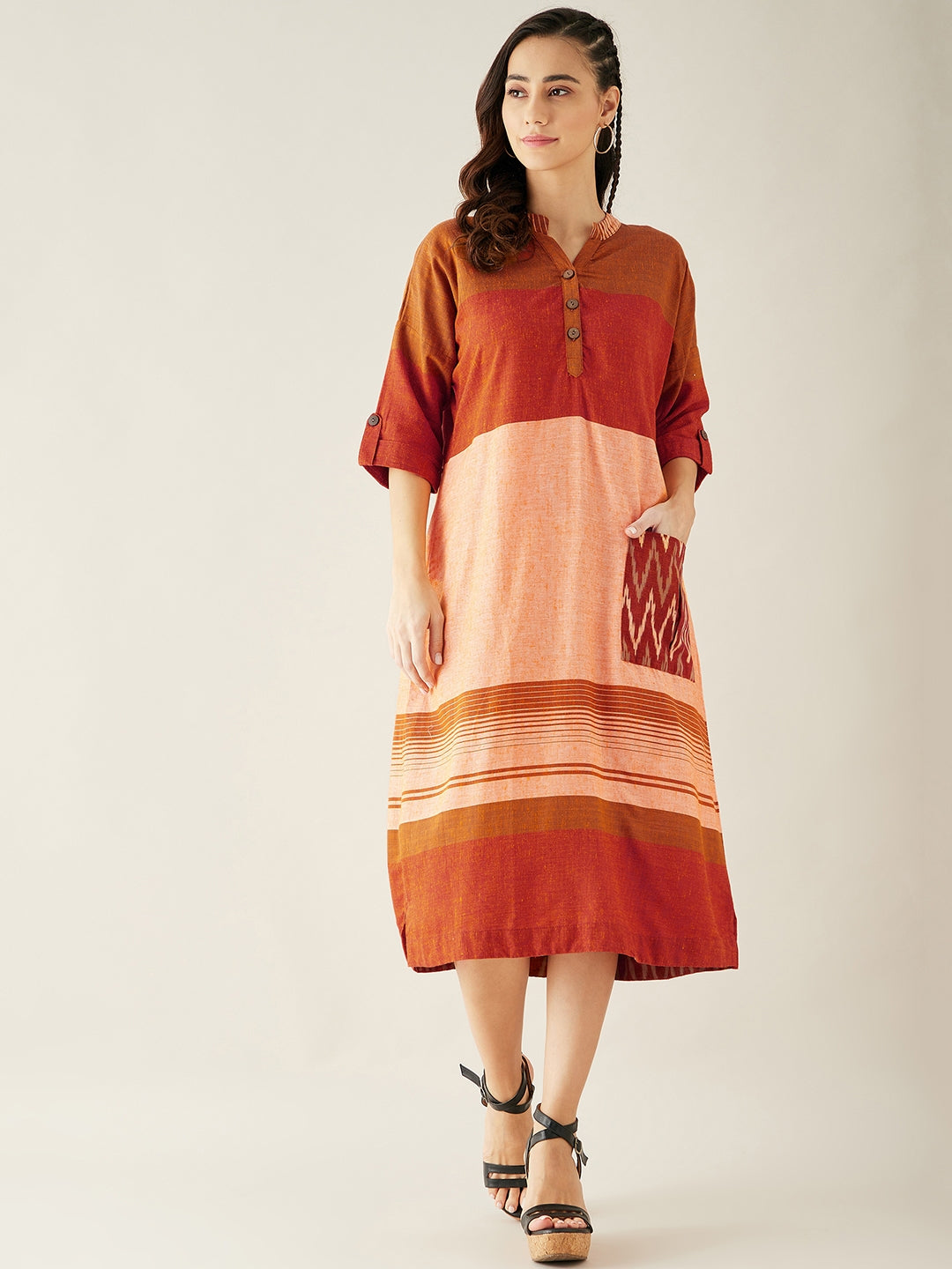 Indigo Chevron Cotton Sleeveless straight dress with a side slit – Fabnest