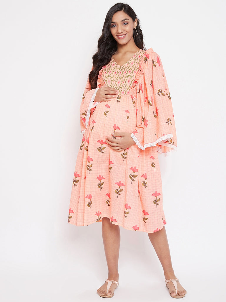 PEACH MATERNITY DRESS WITH RUFFLE DETAIL