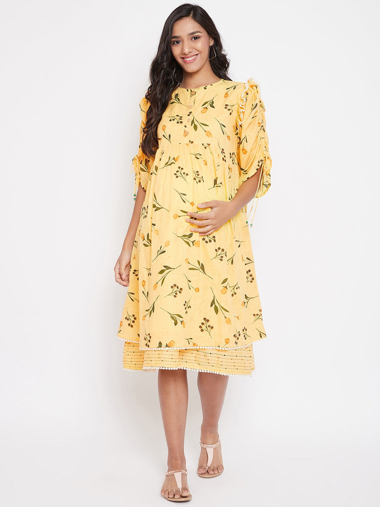 FLORAL PRINTED MATERNITY DRESS WITH RUCHED SLEEVE DEATIL