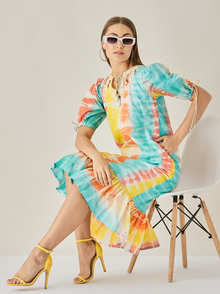 Multicolour tie-dye cotton dress with cut-out and tie-up detail
