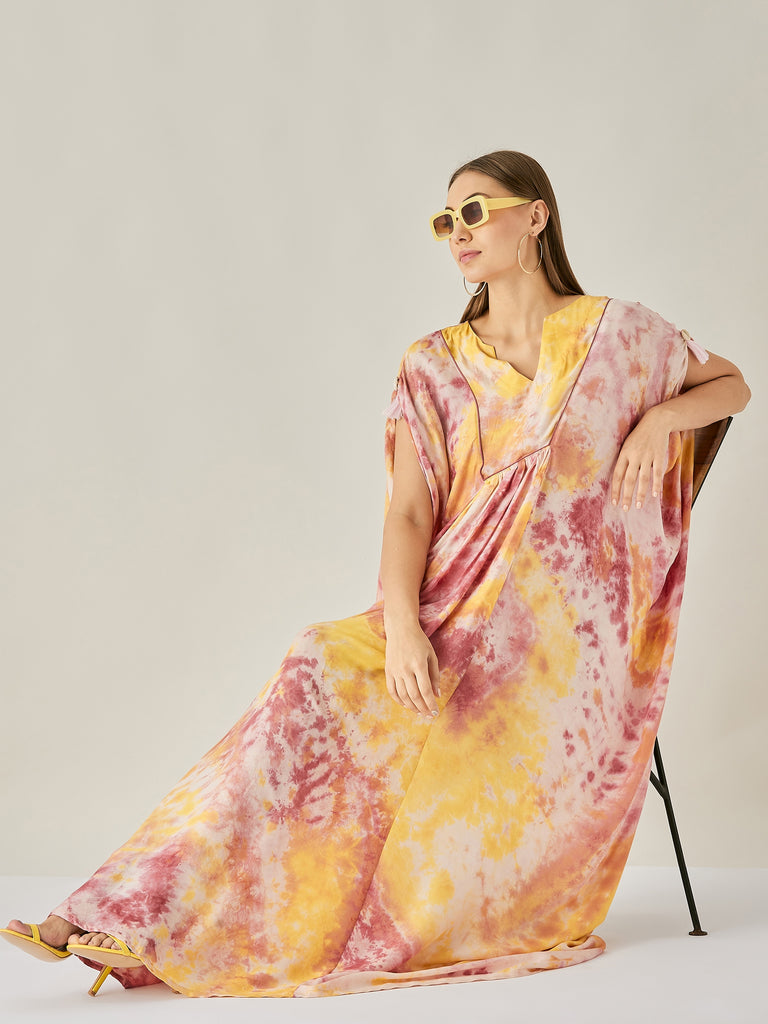 Pink and mustard drape dress with gather detail