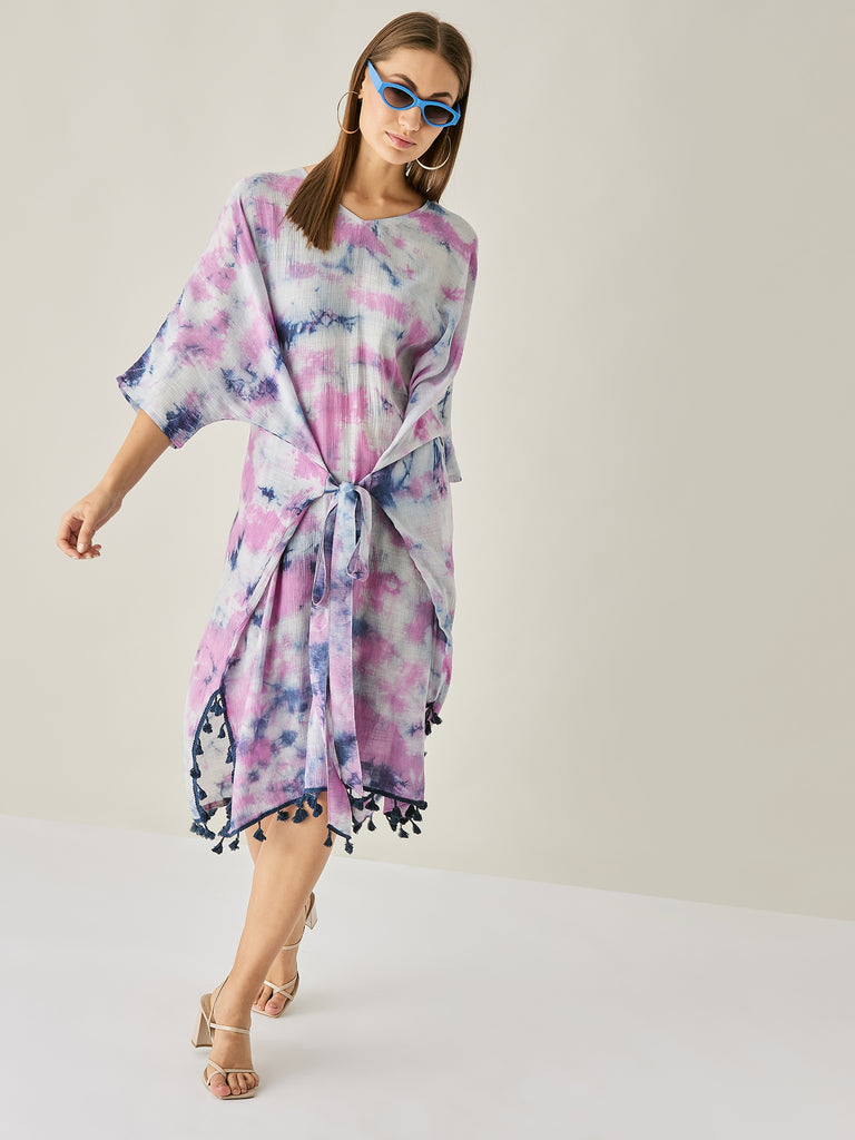 Purple and navy blue tie dye kaftan dress with lace edging and belt tie-up