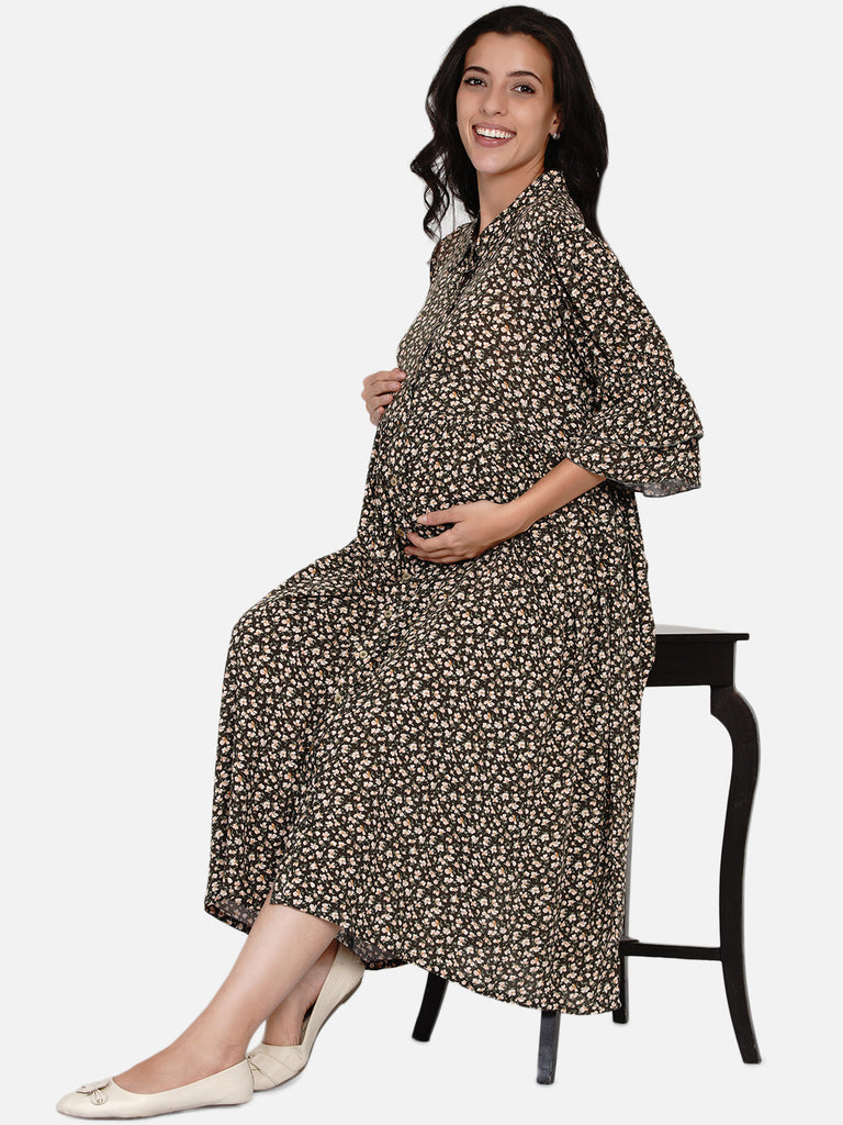 Olive green ditsy print maternity dress with button placket and gathered sleeve
