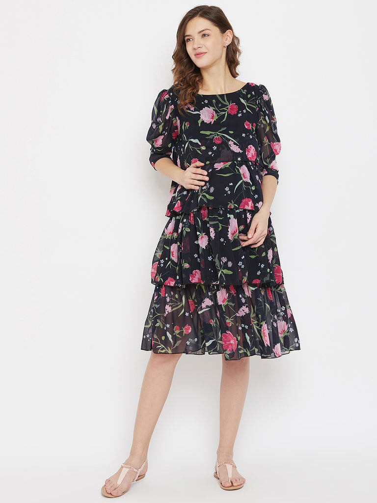 Floral Georgette Black Maternity Dress with Layers and Puff Sleeves