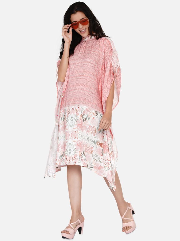 Pink flora and stripe kaftan dress with ruffled neck and Shoulder yoke detail