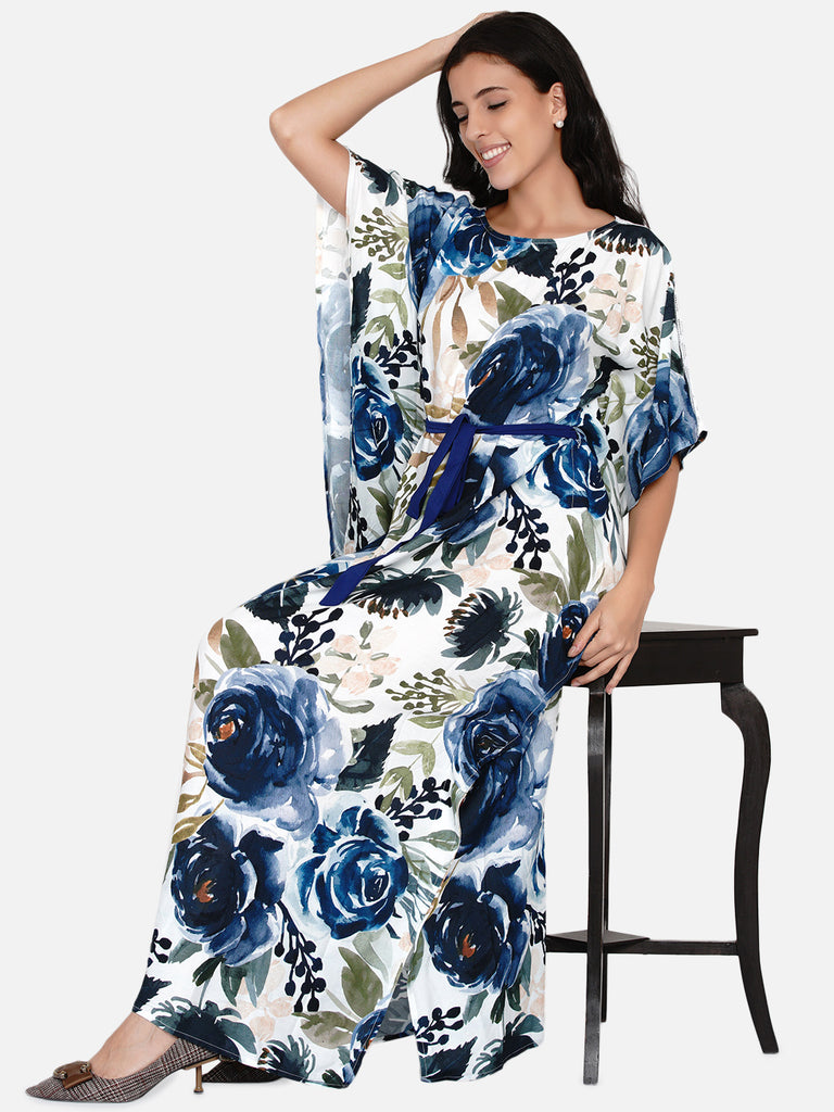 Navy blue and white Rosa maxi kaftan dress with elasticated belt and shoulder lace detail
