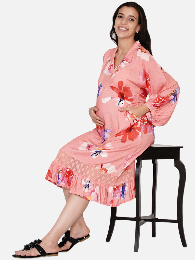 Peach floral print dress with shirt collar and belt tie-up