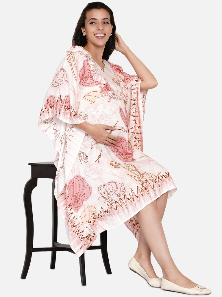 Peach flora and abstract maternity kaftan dress with ruffle detail and feeding zipper