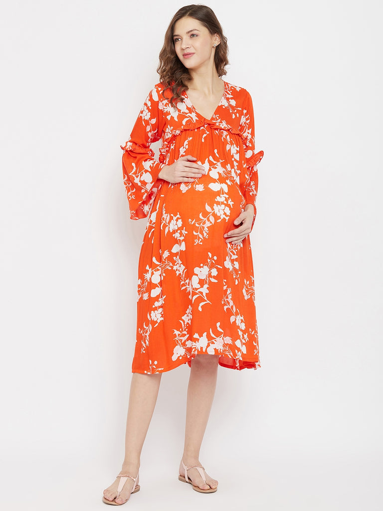 Orange Blossom Rayon Maternity and Feeding Dress with Gather and Ruffles