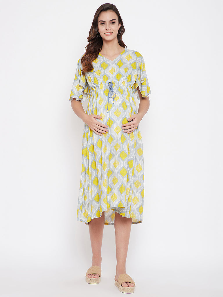 Grey & Yellow Geometric Print Maternity Dress with Waist Tie-Up and Short Flared Sleeves