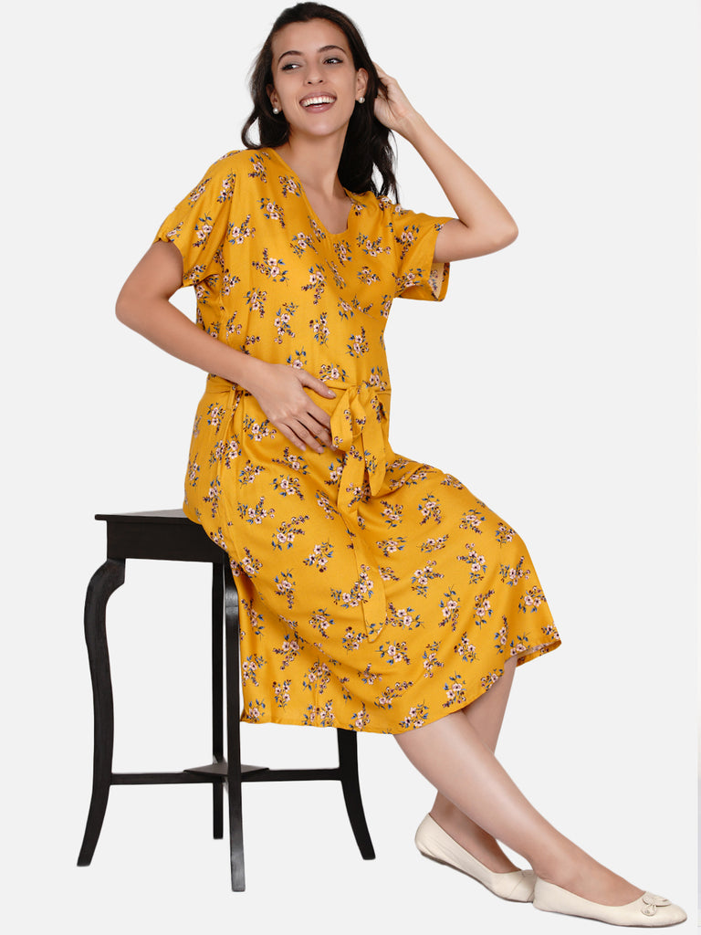 Mustard floral print maternity dress with belt tie-up