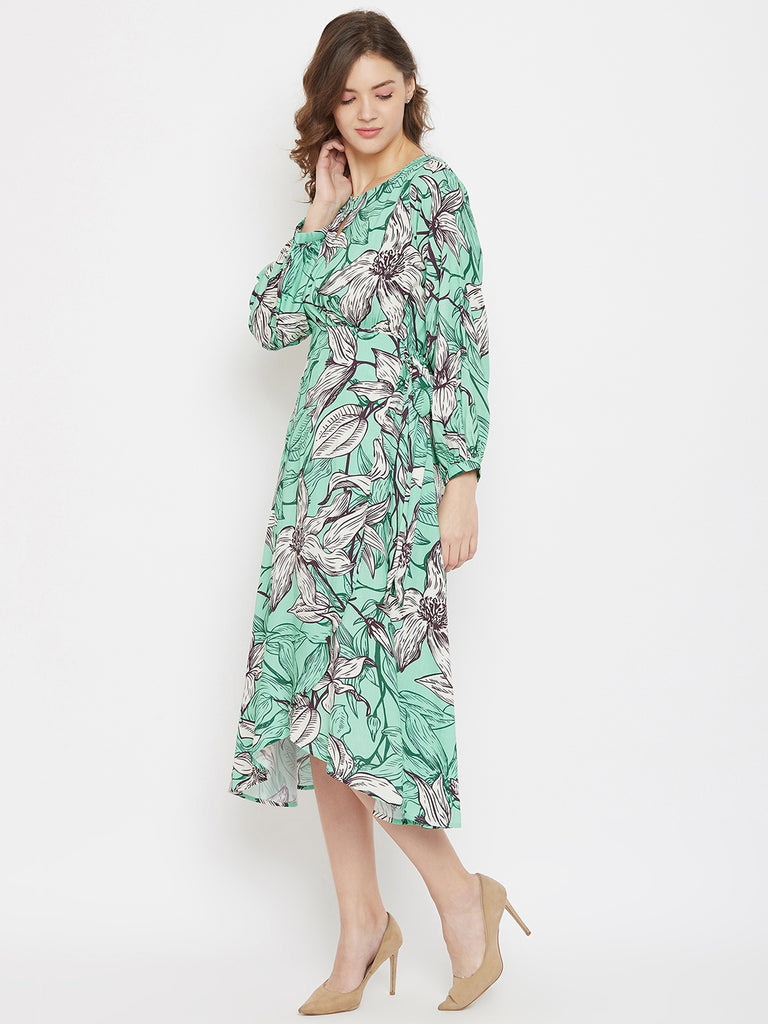 Mint Lillies Printed Knee Length Dress with Balloon Sleeves and Overlapping Hemline
