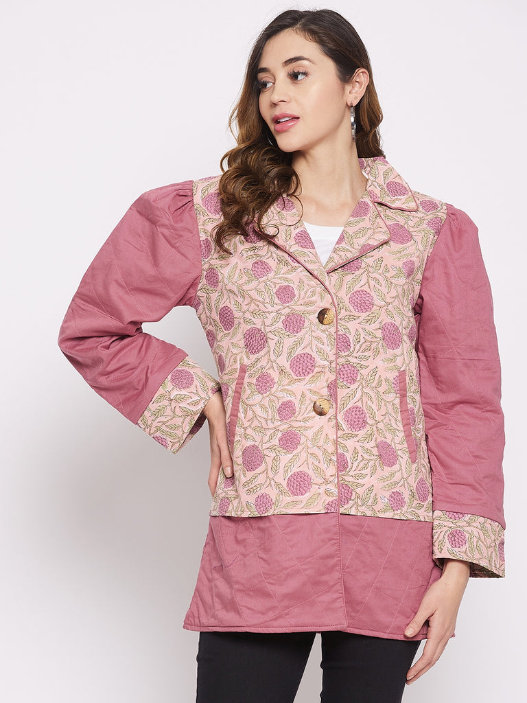 Pink handblock cotton quilted jacket with notch collar and welt pockets