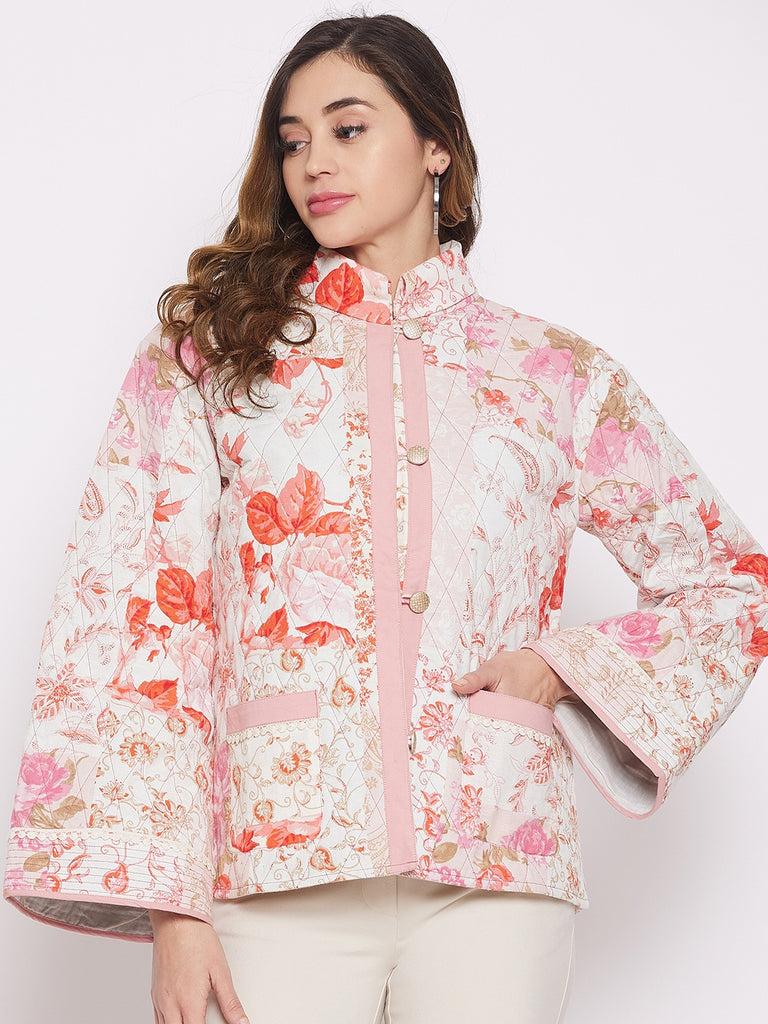 White patched floral print and lightly quilted jacket with lace detail and roll over collar