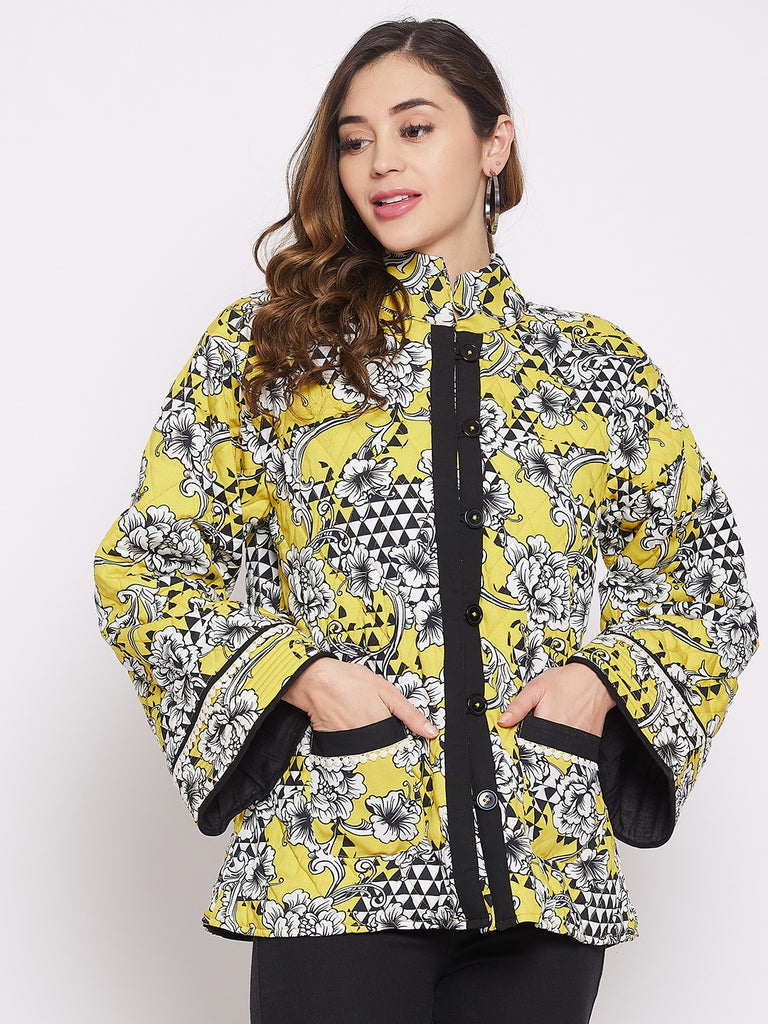 Mustard and Black floral geometric patterned rollover collar lightly quilted jacket