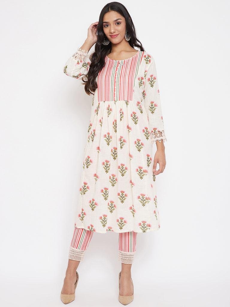 STRIPES AND FLORAL COTTON PRINTED KURTA AND PANT SET, Fusion Wear Collection Mixed and Matched for you!