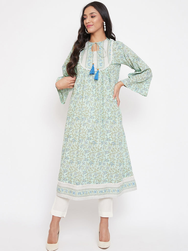 Mint Floral Printed Cotton Kurta and Pant Set, Fusion Wear Collection Mixed and Matched for you!