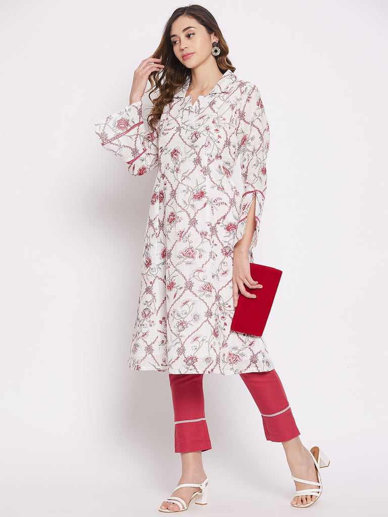 White floral print linen kurta set with lace detail and complimenting pants