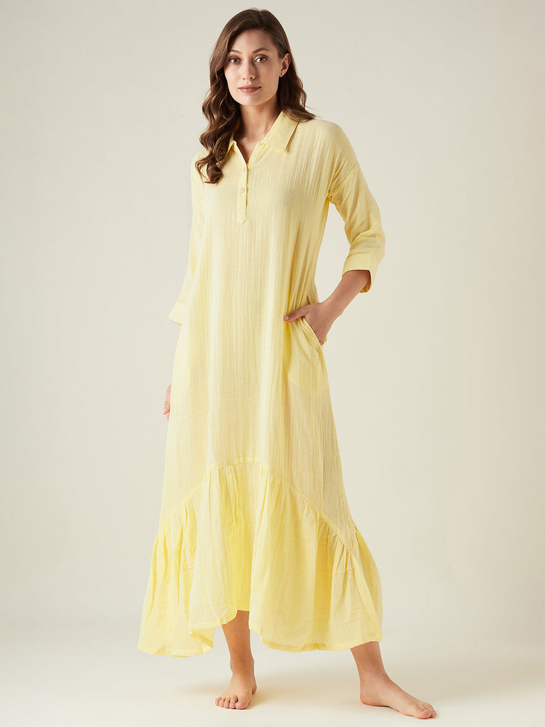 Yellow Double Cloth cotton shirt style lounge dress