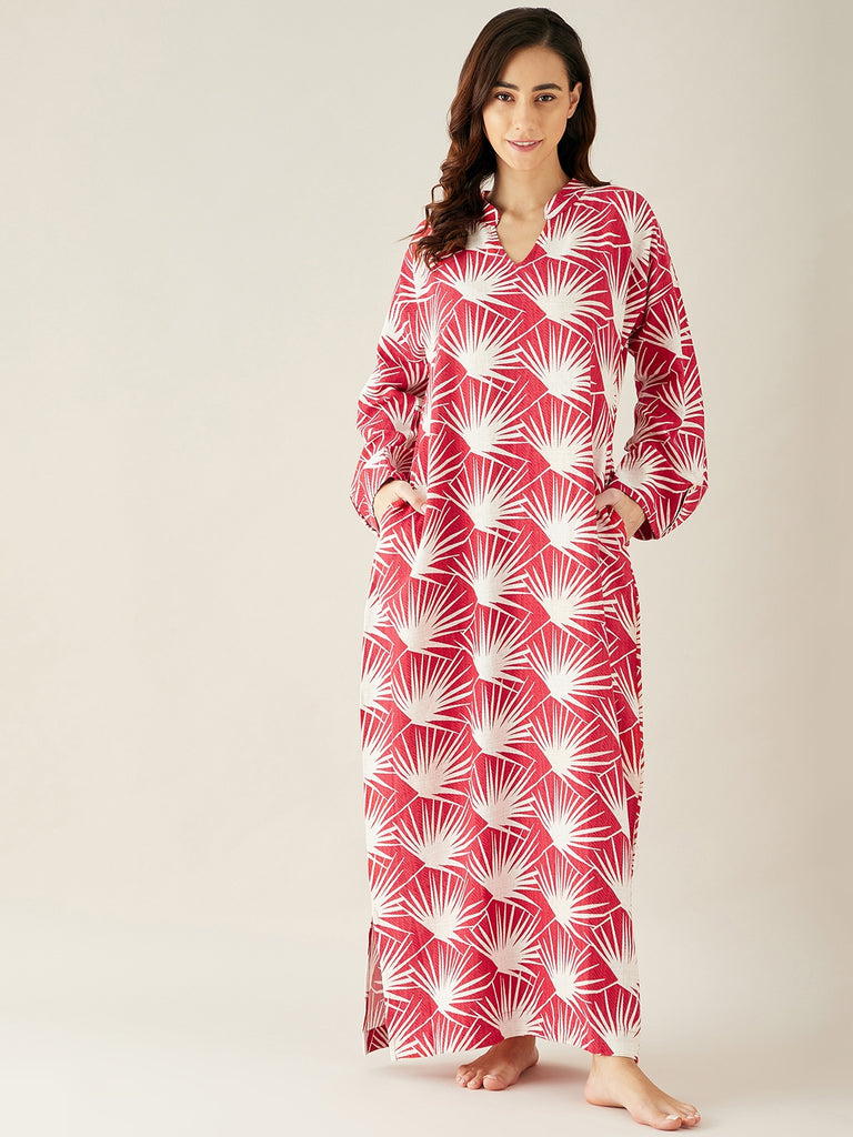 Red Tropical Printed Linen Lounge Dress