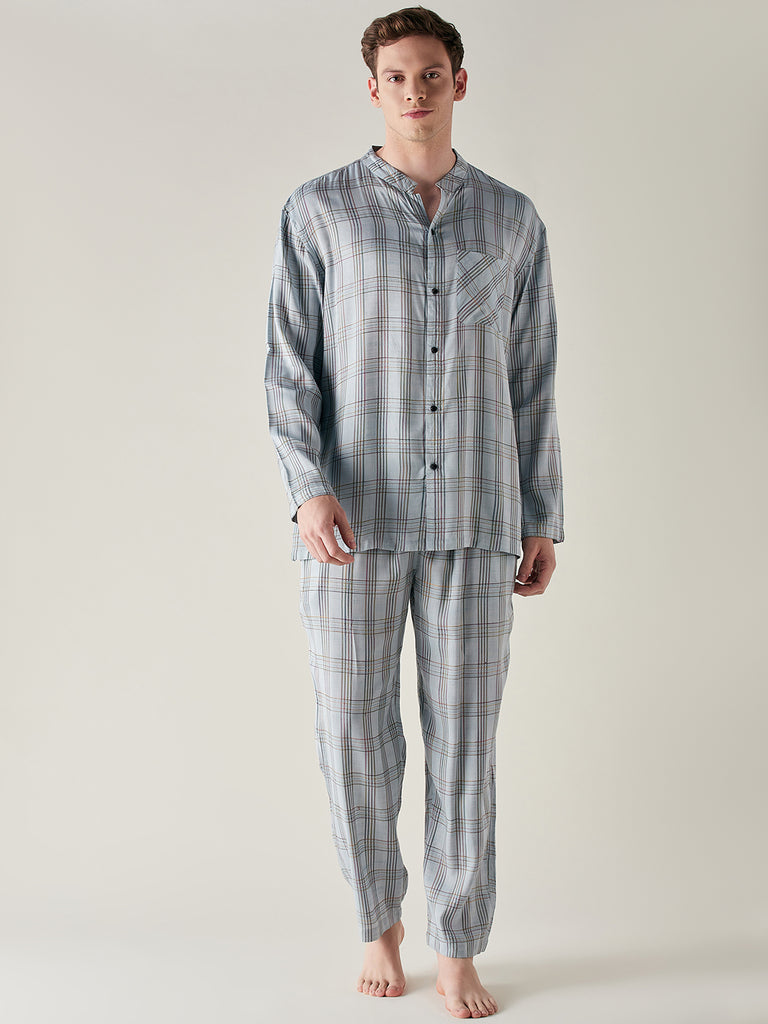 Light Blue Pure Cotton Checks Pyjama Set