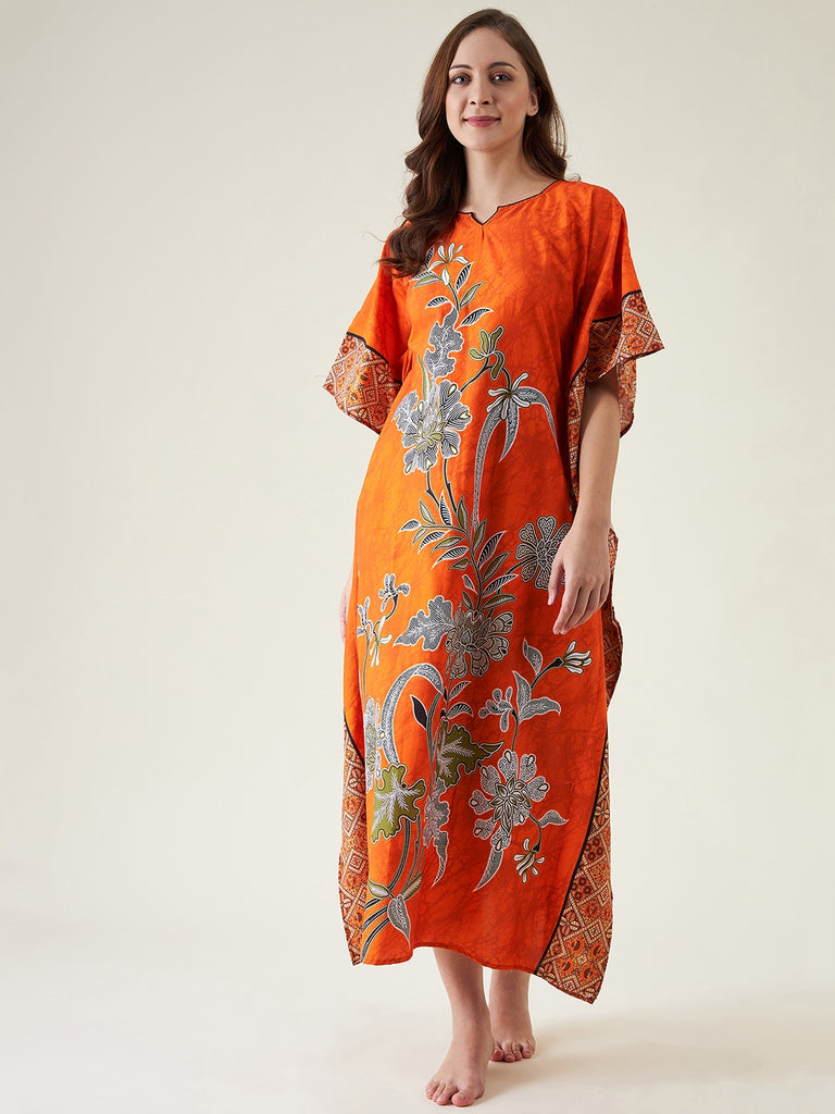 Orange Batik Print Floral Cotton Kaftan
