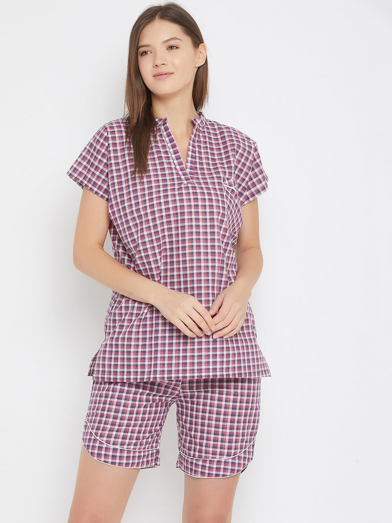 Pink And Purple Cotton Checks Top And Short Set With Pocket Detail