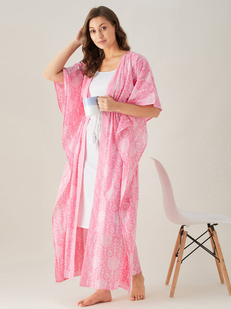 Pink floral trellis cotton nightgown with waistline tie-up and complimenting border detail