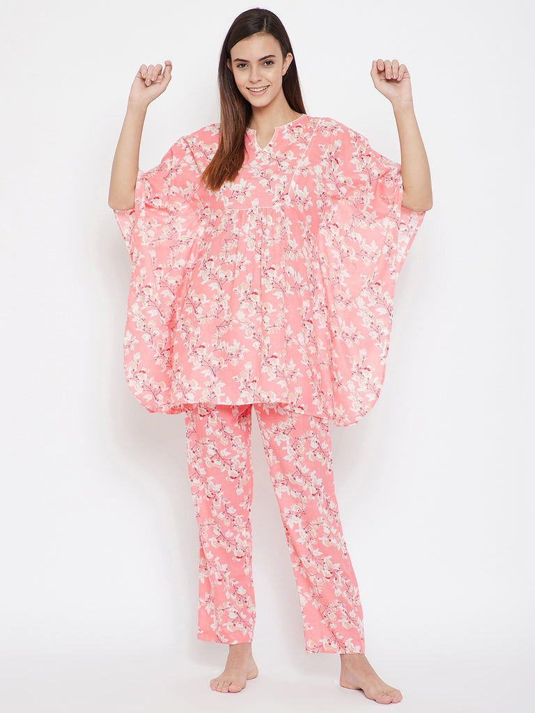 Pink Floral Print Kaftan Top and Pyjama Set