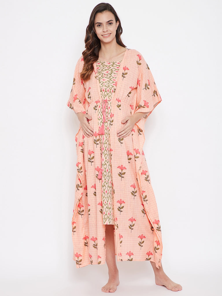 Pastel Pink Floral Printed Cotton Maternity Gown with  Cotton Geometric Slip