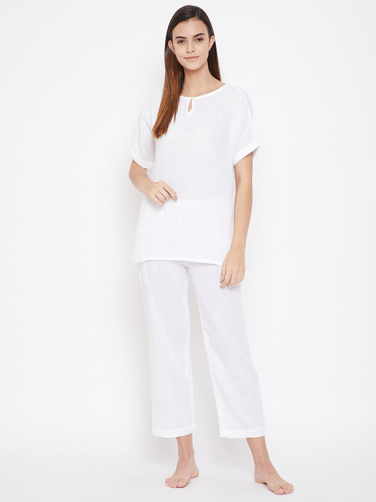  White Organic cotton top with keyhole detail  and Pyjama