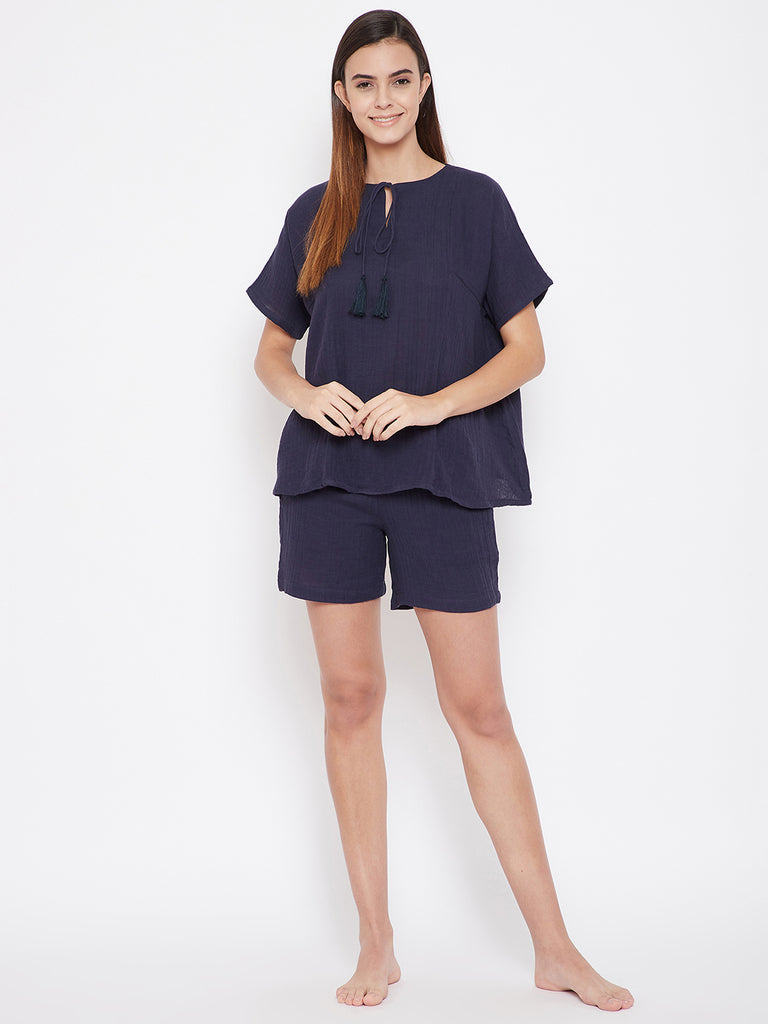 Navy Blue Organic Cotton Top with Neckline Tie-Up and Shorts