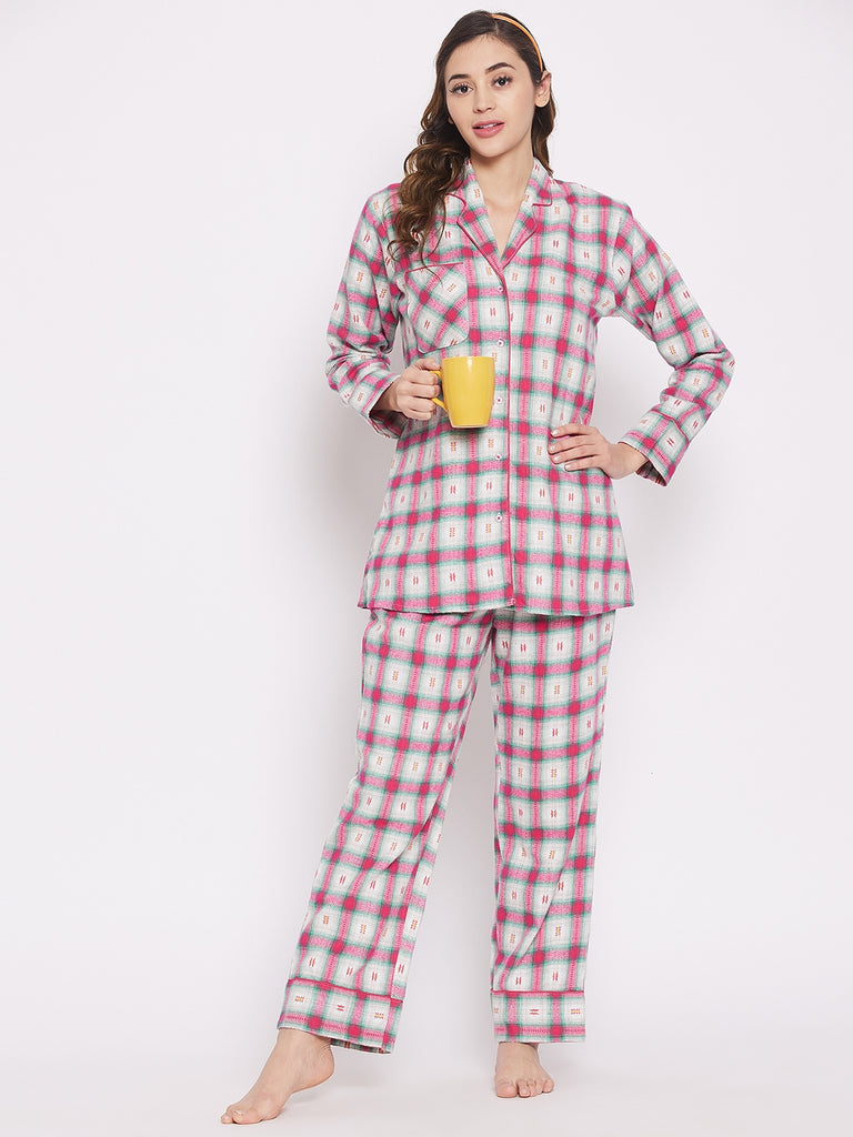 White brushed cotton  notch collar shirt and pyjama set with complimenting piping detail