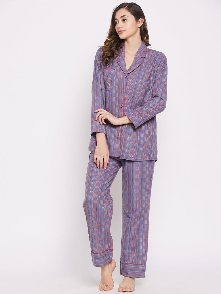 Multicolor checks brushed cotton notch collar shirt and pyjama set with complimenting piping detail