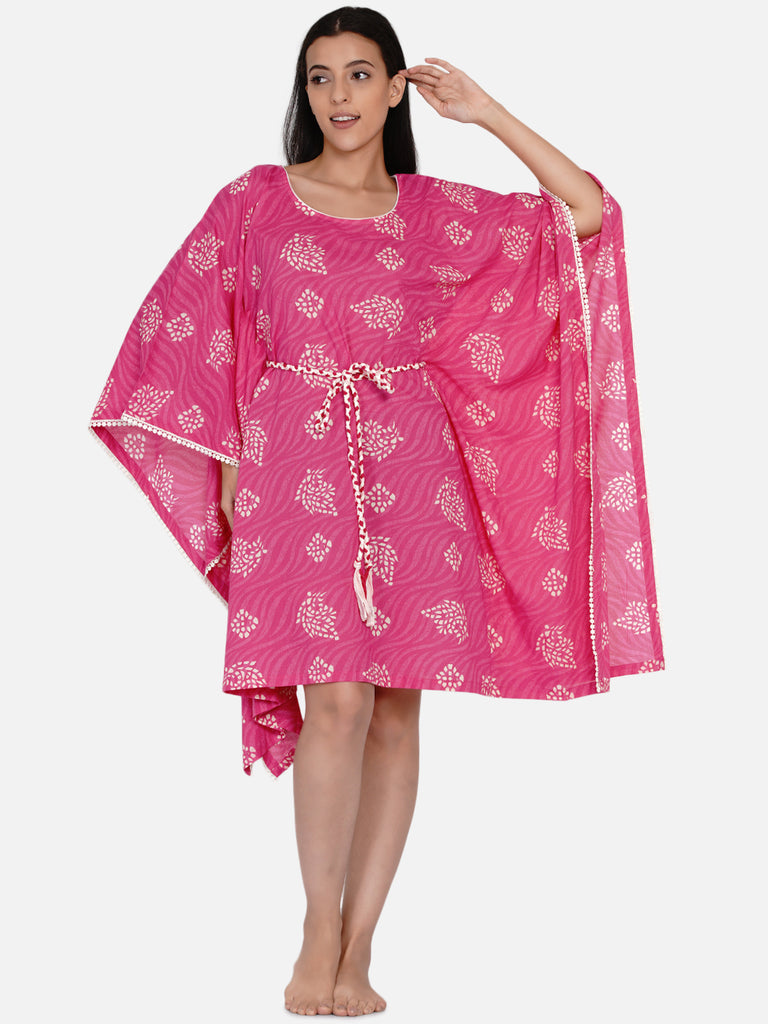 Pink printed cotton kaftan with braided belt and neckline piping detail