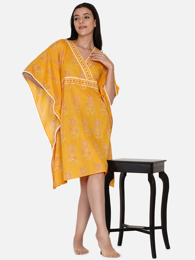 Yellow block print cotton kaftan with waist belt tie-up and lace edging