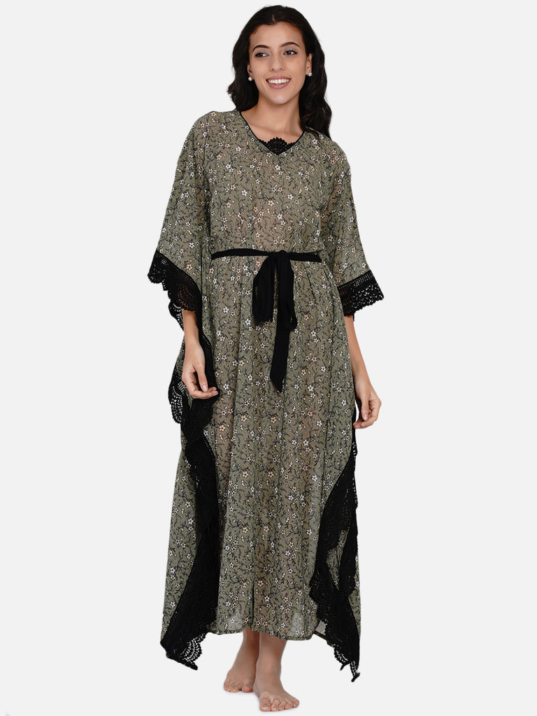 Olive green ditsy print kaftan with lace edging and belt tie up