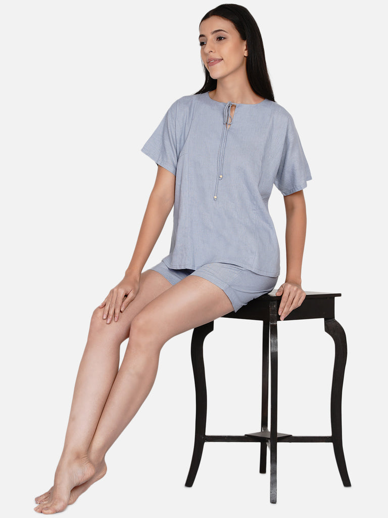 Grey Linen flared top with neckline tie-up and shorts