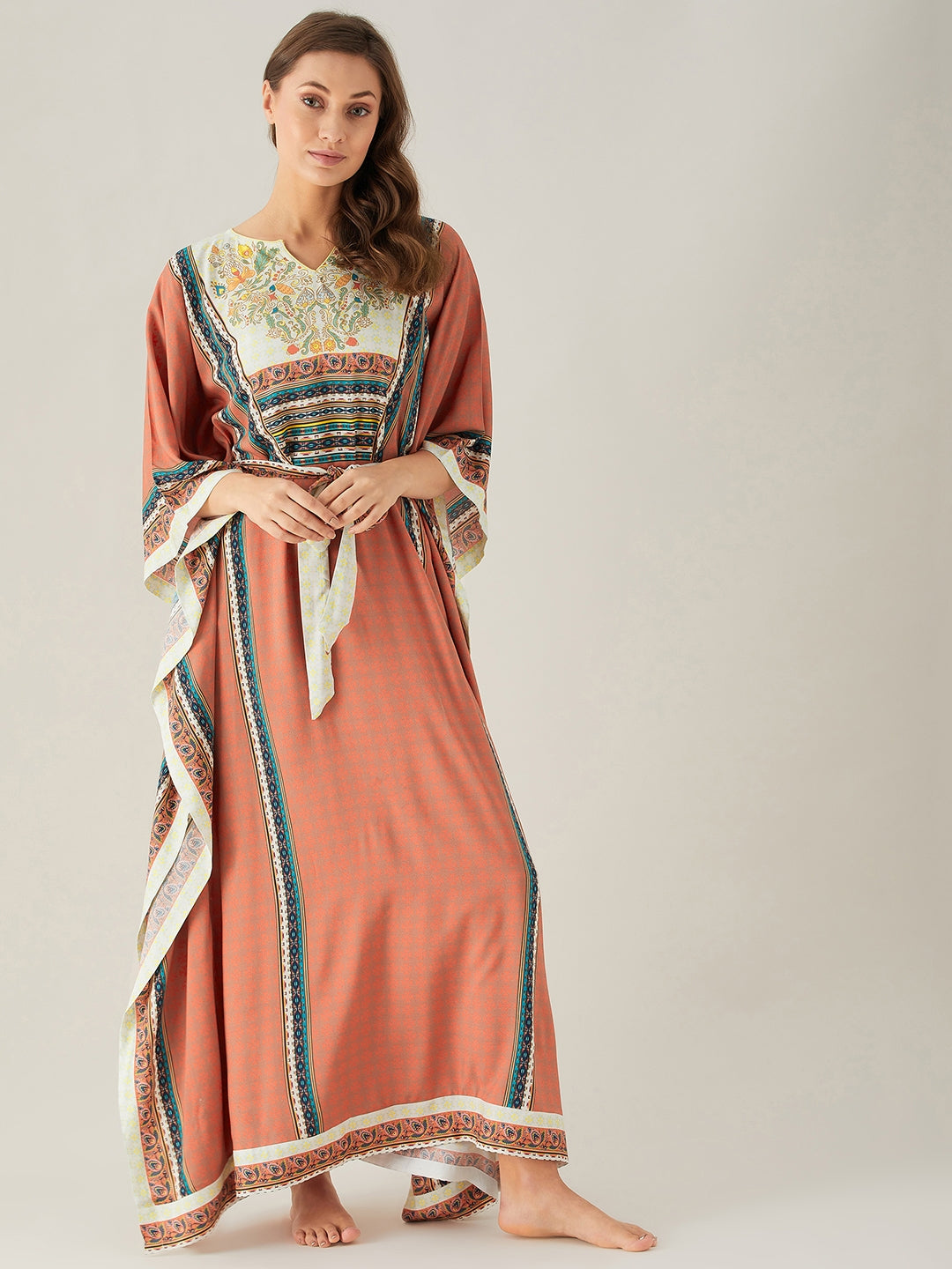 Comfortable and elegant rust red floral kaftan dress for women