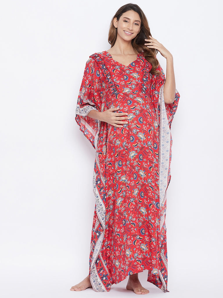 Red paisley and floral print maternity nightdress with feeding zipper