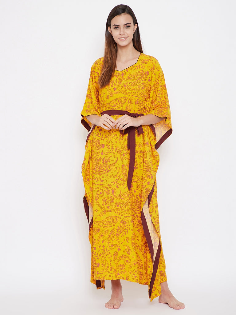 Yellow Paisley Print kaftan with Shaped Neckline and Waist Belt Tie-up