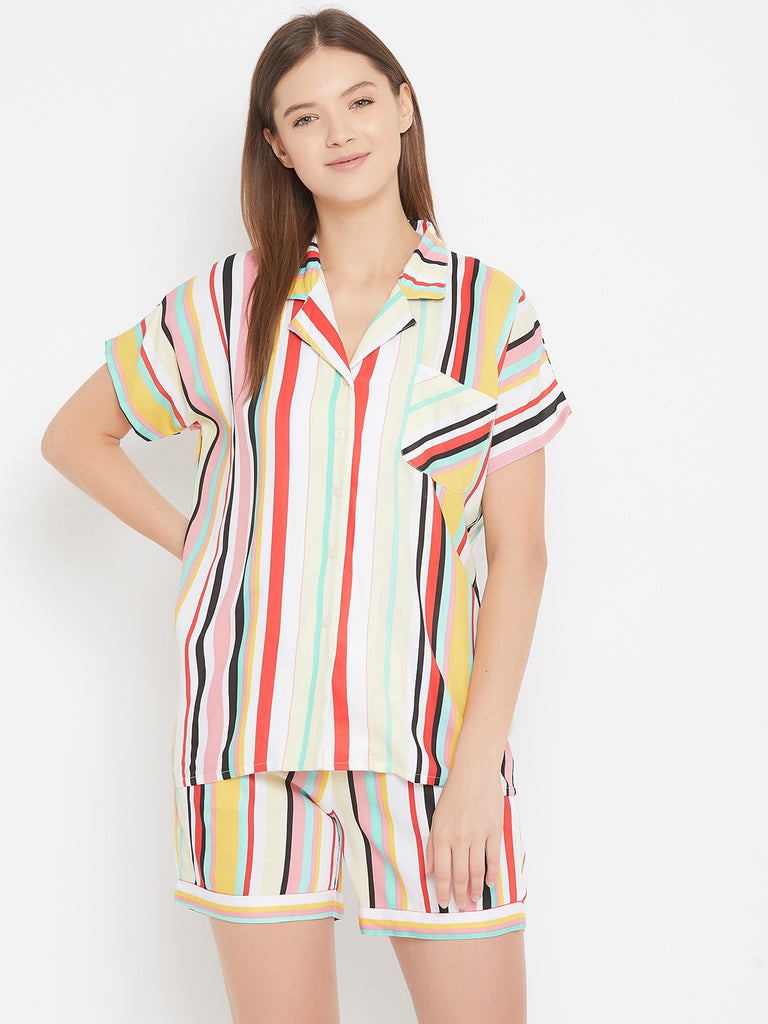 Multi Colour Stripes Shirt And Short Set With Pocket Detail