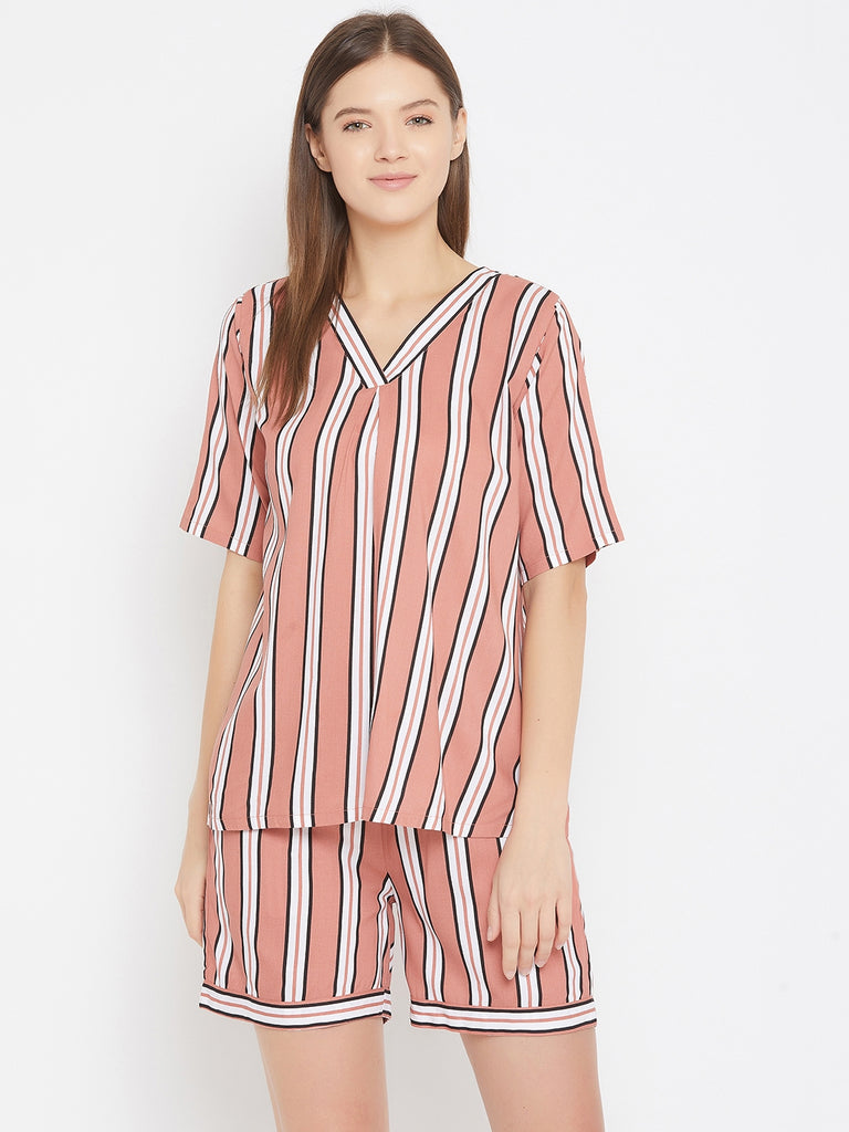 Peach And White Stripe Print Top And Short Set