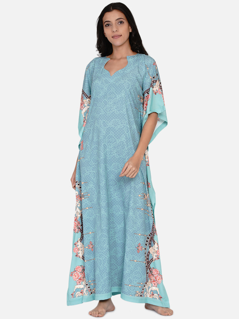 Pastel blue tonal patterned kaftan with roses border and shaped neckline