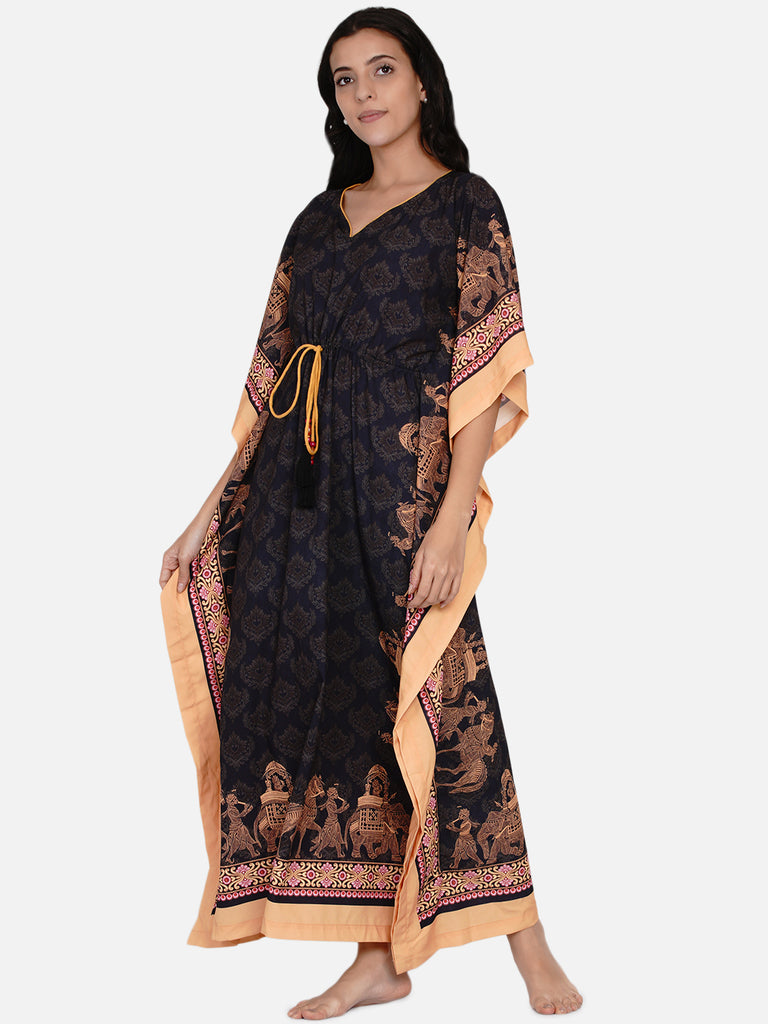 Black  ethnic motif lounge kaftan with waist tie-up and complimenting neckline piping