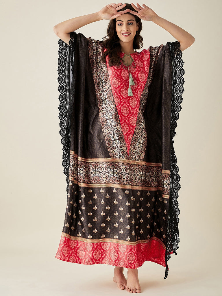 Red and Black Satin Ethnic Motif Kaftan Night Dress